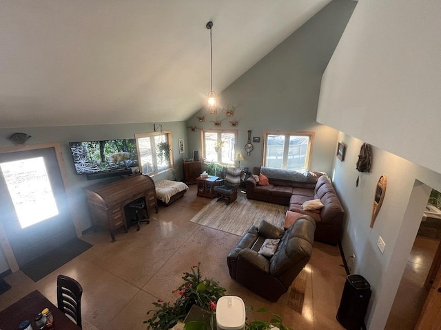 living room featuring high vaulted ceiling