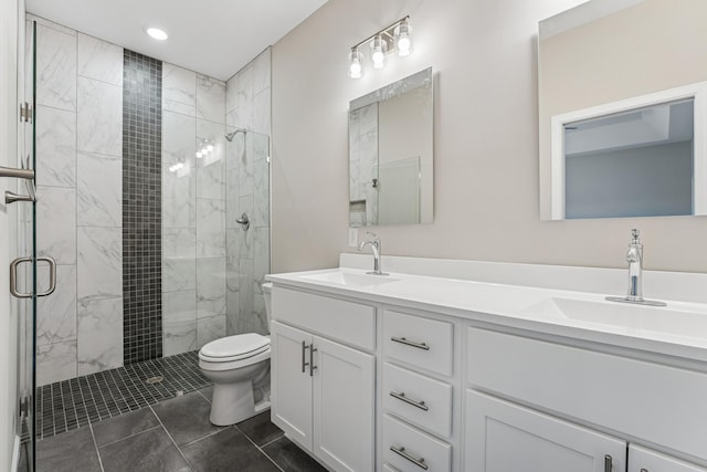 4905 Evergreen Dr N, Hugo, MN 55038 - full bathroom featuring a shower stall, double vanity, tile patterned flooring, and recessed lighting