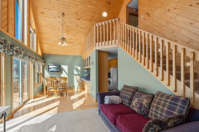 N2641 Cipra Rd, Sarona, WI 54870 - living area featuring high vaulted ceiling, wooden ceiling, ceiling fan, stairway, and wood finished floors
