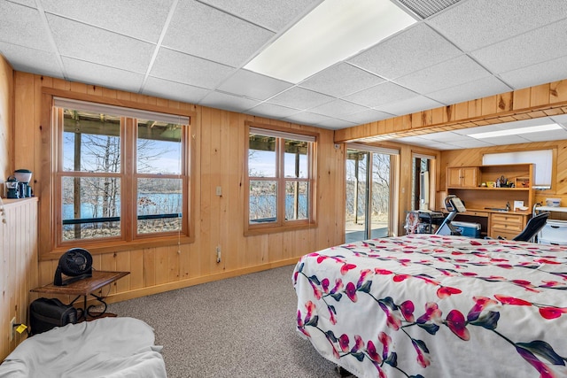 N2641 Cipra Rd, Sarona, WI 54870 - carpeted bedroom featuring access to outside, wood walls, and a drop ceiling