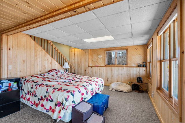 N2641 Cipra Rd, Sarona, WI 54870 - bedroom with carpet floors, wood walls, and a paneled ceiling