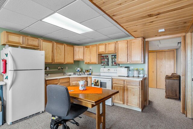 N2641 Cipra Rd, Sarona, WI 54870 - kitchen featuring white appliances, light countertops, light brown cabinetry, light colored carpet, and a drop ceiling