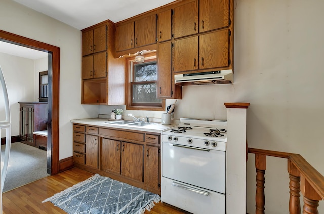 301 7th Ave S, Saint Cloud, MN 56301 - kitchen with white gas stove, under cabinet range hood, a sink, light wood-style flooring, and brown cabinets