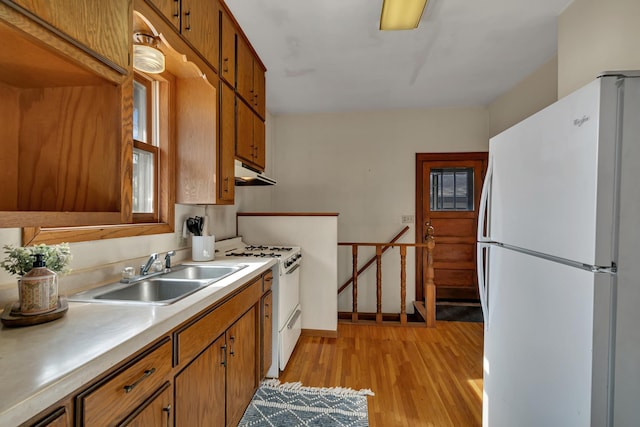 301 7th Ave S, Saint Cloud, MN 56301 - kitchen with white appliances, a sink, under cabinet range hood, light wood-type flooring, and brown cabinetry