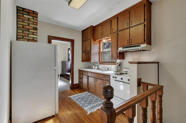 301 7th Ave S, Saint Cloud, MN 56301 - kitchen with white appliances, under cabinet range hood, a sink, light wood-style flooring, and light countertops