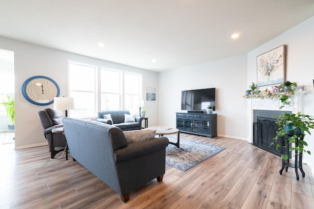 460 14th St NW, New Brighton, MN 55112 - living room featuring a fireplace, wood finished floors, healthy amount of natural light, and recessed lighting