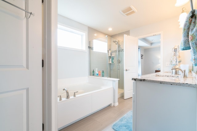 460 14th St NW, New Brighton, MN 55112 - bathroom featuring a stall shower, a bath, vanity, and wood finished floors