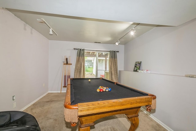 recreation room with track lighting, carpet flooring, billiards, and baseboards