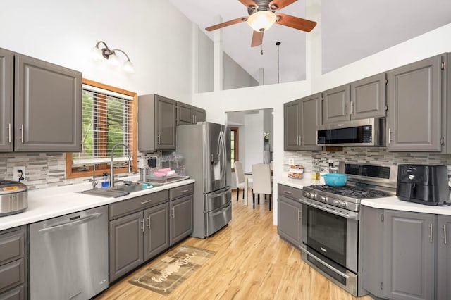 2222 Crosstown Blvd NE, Ham Lake, MN 55304 - kitchen featuring appliances with stainless steel finishes, gray cabinets, ceiling fan, light countertops, and a sink