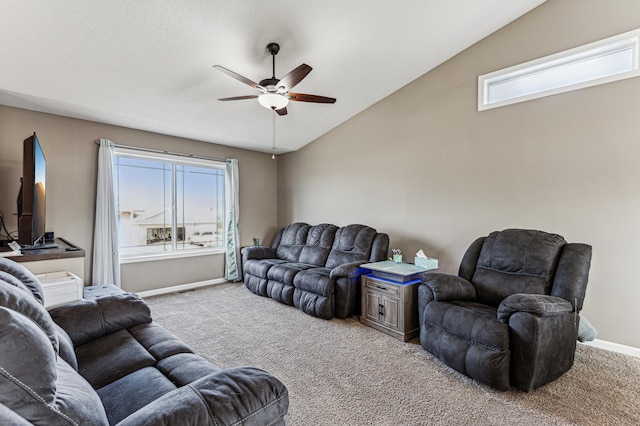 230 Newspaper Run NE, Kimball, MN 55353 - living room with a ceiling fan, carpet floors, healthy amount of natural light, vaulted ceiling, and baseboards