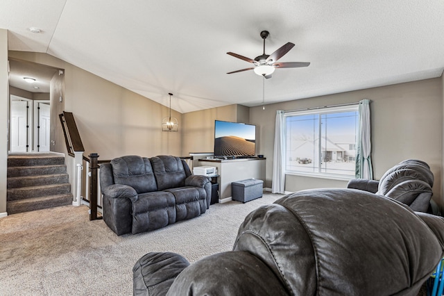 230 Newspaper Run NE, Kimball, MN 55353 - living room featuring lofted ceiling, carpet floors, a ceiling fan, baseboards, and stairway
