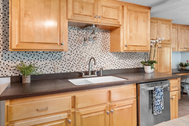 332 Riverside Ave S, Sartell, MN 56377 - kitchen featuring dishwasher, a sink, dark countertops, and light brown cabinetry
