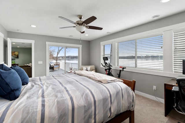 bedroom featuring baseboards, light carpet, recessed lighting, access to exterior, and ceiling fan