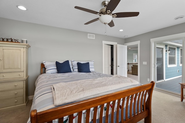 bedroom featuring a ceiling fan, visible vents, recessed lighting, light carpet, and baseboards