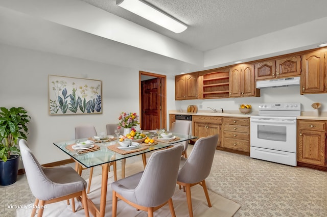 5470 Saint Mary Dr NW, Rochester, MN 55901 - kitchen with white appliances, under cabinet range hood, open shelves, light countertops, and a textured ceiling