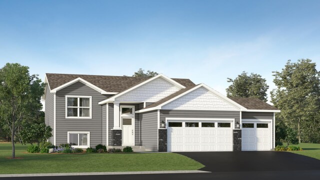 view of front of house with stone siding, an attached garage, driveway, and a front lawn