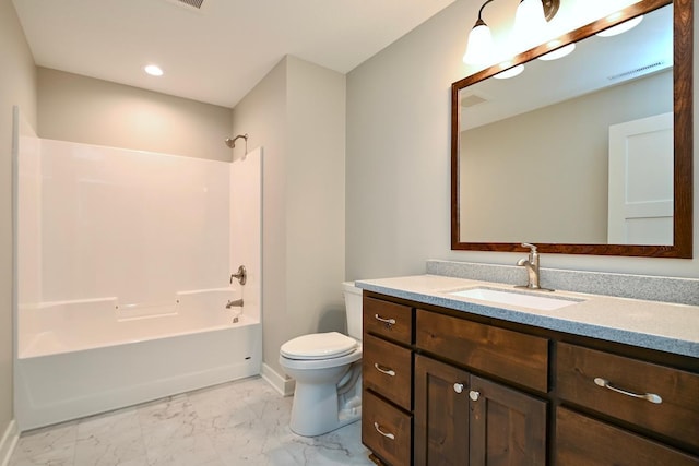 bathroom featuring visible vents, toilet, marble finish floor, shower / washtub combination, and vanity