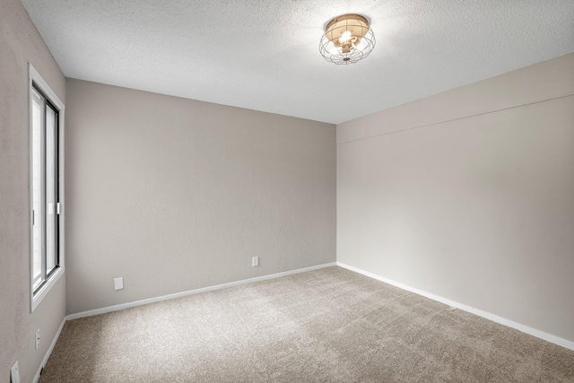 spare room with a textured ceiling, baseboards, and carpet