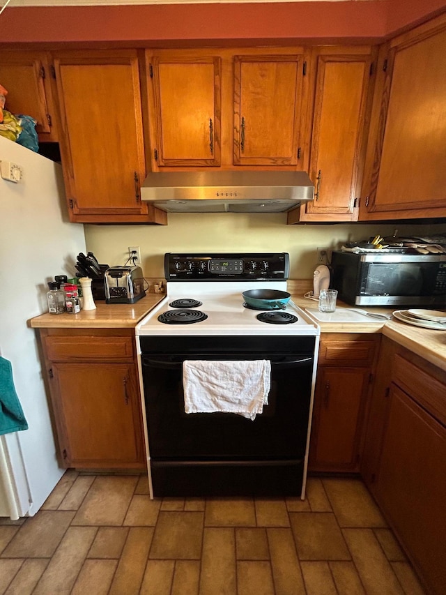 43475 310th Ave NE, Gatzke, MN 56724 - kitchen featuring brown cabinets, electric stove, under cabinet range hood, stainless steel microwave, and light countertops
