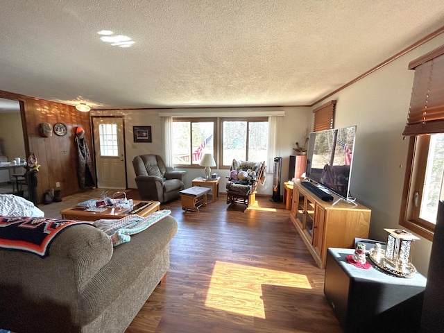 43475 310th Ave NE, Gatzke, MN 56724 - living room featuring a textured ceiling, wood finished floors, crown molding, and wood walls