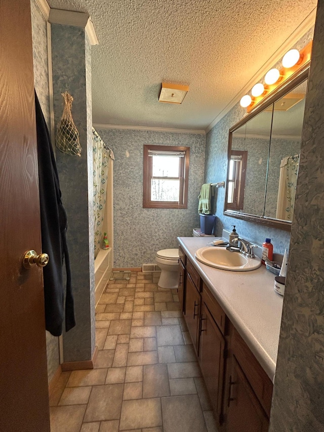 43475 310th Ave NE, Gatzke, MN 56724 - full bath featuring vanity, wallpapered walls, a textured ceiling, crown molding, and toilet