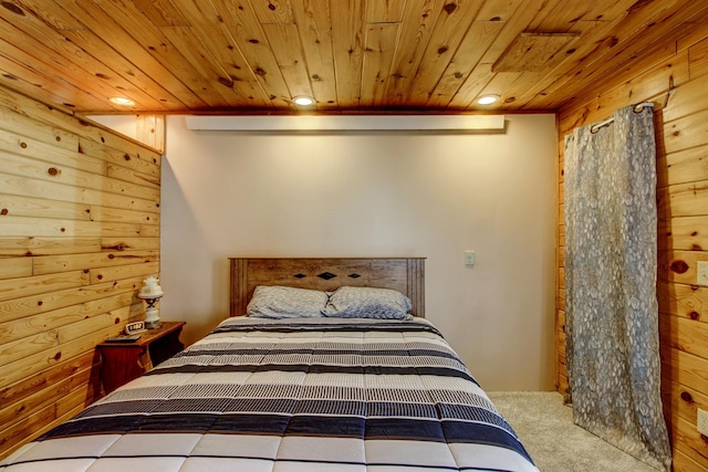 bedroom featuring recessed lighting, carpet, and wood ceiling