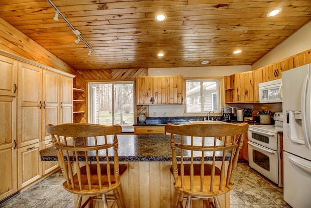 kitchen with track lighting, open shelves, white appliances, wooden ceiling, and a wealth of natural light