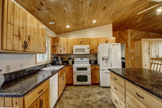 kitchen with white appliances, open shelves, a sink, and lofted ceiling
