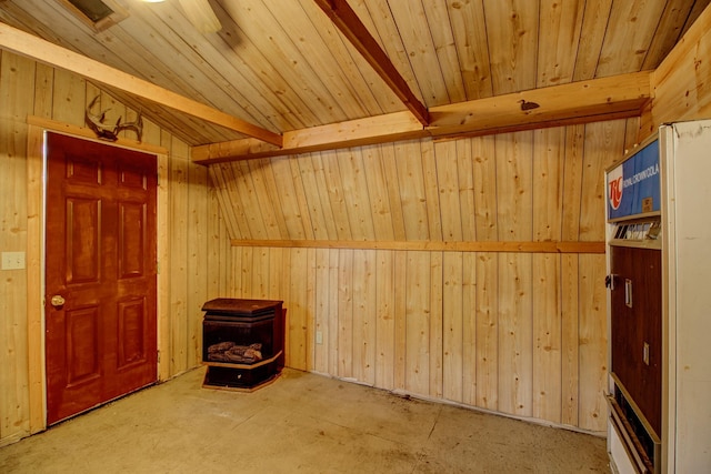interior space featuring wood walls, wood ceiling, and a wood stove