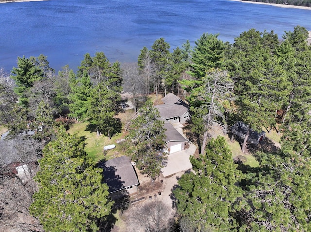 drone / aerial view with a water view
