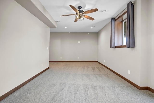 unfurnished room featuring recessed lighting, baseboards, ceiling fan, and carpet flooring