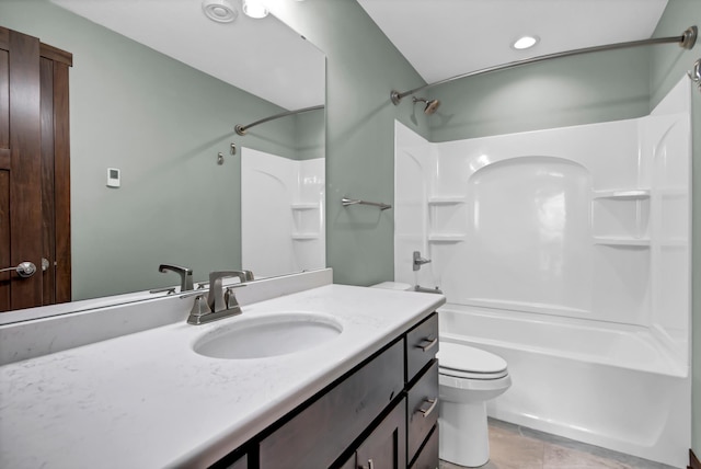 full bath featuring recessed lighting, toilet, shower / washtub combination, and vanity