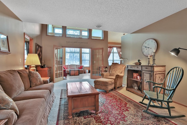 29561 Mentzer Ct, Lindstrom, MN 55045 - carpeted living area with a textured ceiling, french doors, and baseboards