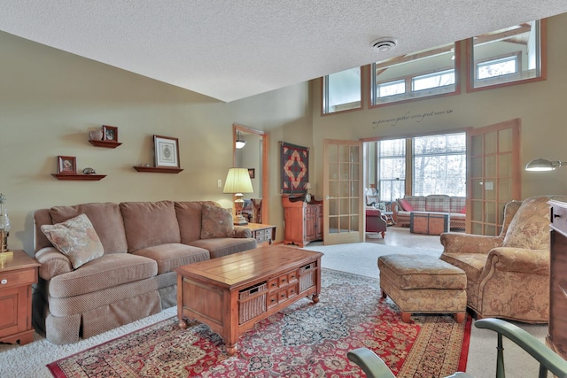 29561 Mentzer Ct, Lindstrom, MN 55045 - carpeted living room featuring french doors, high vaulted ceiling, and a textured ceiling