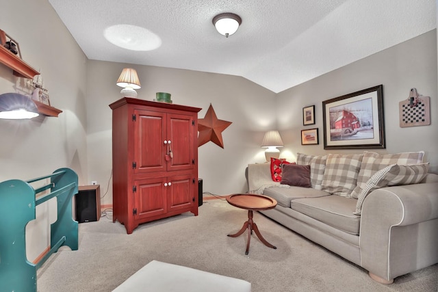 29561 Mentzer Ct, Lindstrom, MN 55045 - living room featuring light carpet, a textured ceiling, lofted ceiling, and baseboards