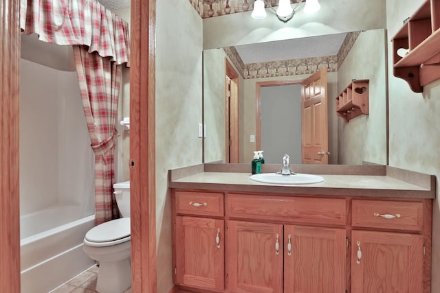 29561 Mentzer Ct, Lindstrom, MN 55045 - full bathroom featuring vanity, toilet, shower / bathtub combination with curtain, and tile patterned floors