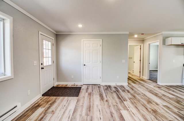 33916 Twin Oaks Loop, Motley, MN 56466 - foyer entrance with a baseboard radiator, crown molding, light wood-type flooring, baseboards, and recessed lighting