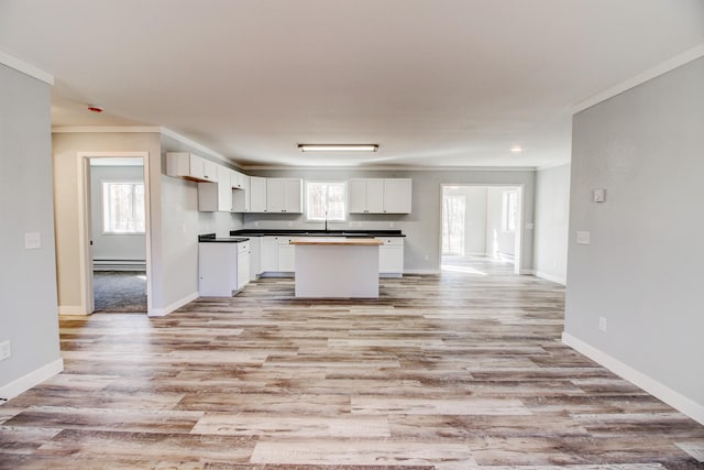 33916 Twin Oaks Loop, Motley, MN 56466 - kitchen with crown molding, a baseboard radiator, healthy amount of natural light, dark countertops, and white cabinetry