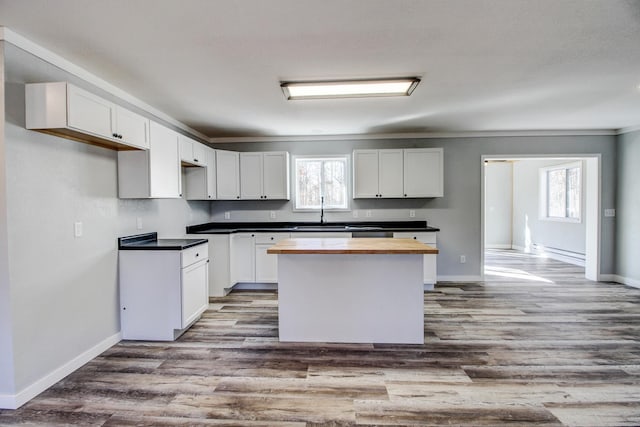 33916 Twin Oaks Loop, Motley, MN 56466 - kitchen featuring butcher block countertops, plenty of natural light, a center island, wood finished floors, and ornamental molding