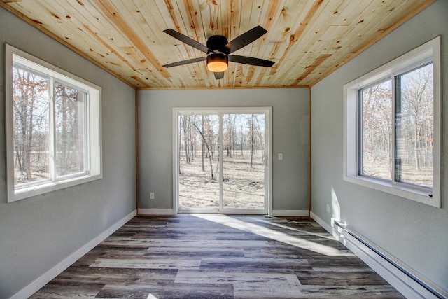 33916 Twin Oaks Loop, Motley, MN 56466 - empty room featuring a baseboard heating unit, wooden ceiling, wood finished floors, baseboards, and ceiling fan