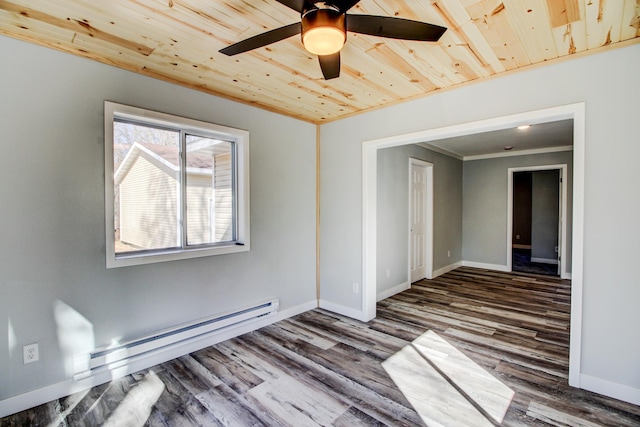 33916 Twin Oaks Loop, Motley, MN 56466 - unfurnished room with wooden ceiling, dark wood finished floors, a ceiling fan, baseboards, and a baseboard radiator