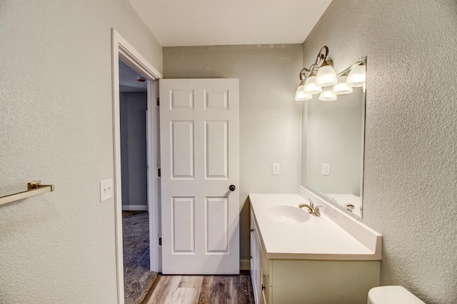 33916 Twin Oaks Loop, Motley, MN 56466 - half bath with vanity, wood finished floors, a textured wall, and toilet