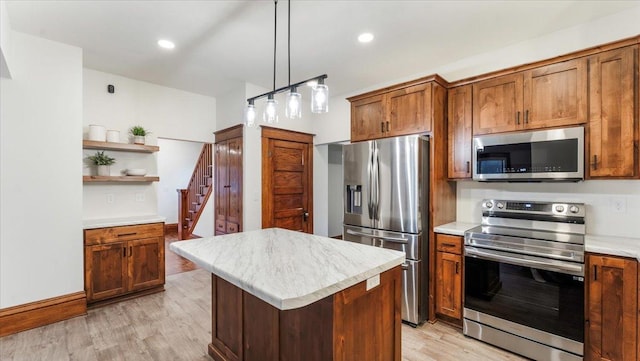 741 Riverside Rd, Holdingford, MN 56340 - kitchen featuring appliances with stainless steel finishes, open shelves, light countertops, light wood-style floors, and brown cabinets