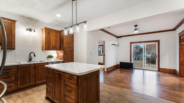 741 Riverside Rd, Holdingford, MN 56340 - kitchen featuring a sink, a ceiling fan, light wood finished floors, radiator, and ornamental molding