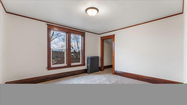 741 Riverside Rd, Holdingford, MN 56340 - spare room with radiator heating unit, crown molding, baseboards, and light carpet