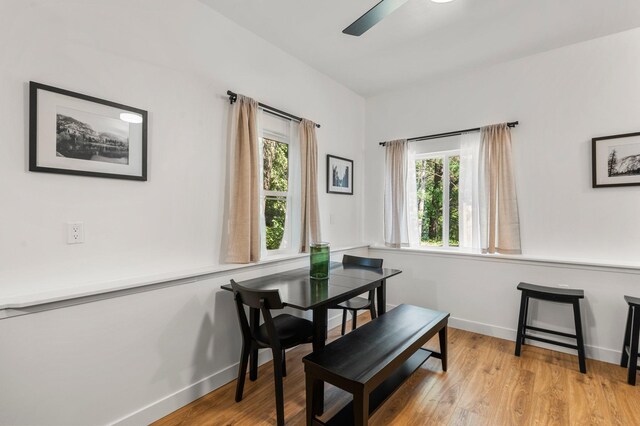 dining room featuring baseboards, ceiling fan, and light wood-type flooring