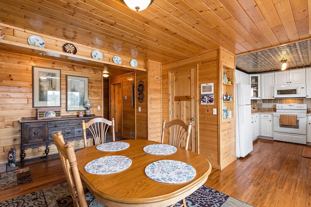dining space with wooden ceiling, dark wood-type flooring, and wooden walls