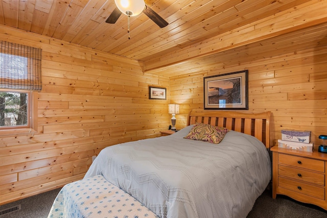 bedroom featuring wood ceiling, wooden walls, visible vents, and dark carpet