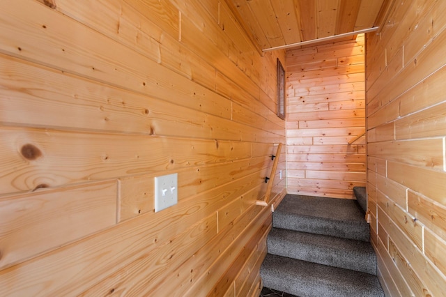 staircase featuring wood ceiling and wood walls