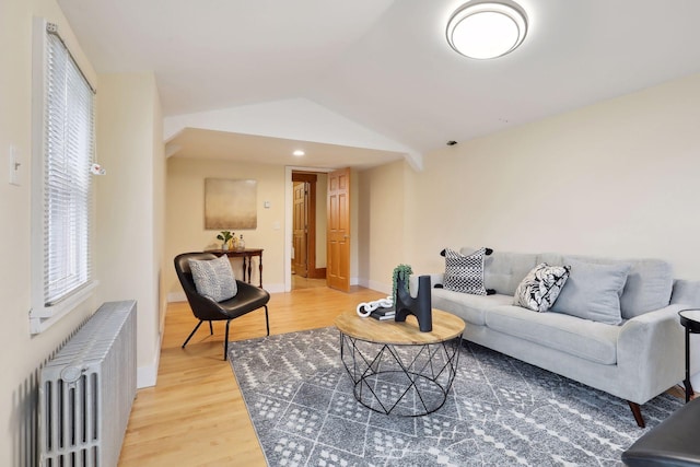 2733 Columbus Ave, Minneapolis, MN 55407 - living room with radiator heating unit, baseboards, lofted ceiling, and light wood finished floors
